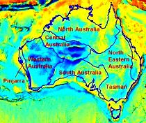 Gravity field of the Australian region. Cool colours (blues, greens) are low, and hot colours (yellows, red) are highs. The superimposed lines are boundaries of megaelements of the Australian continent (Meyers and others, 1996). Contact Barry Drummond or Bruce Goleby. Linked image is 177k.