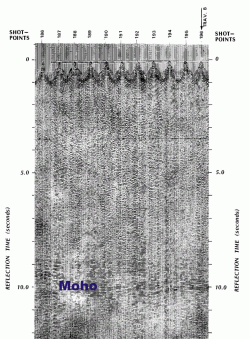 This figure shows an image with strong energy being reflected at near-vertical incidence with two-way reflection times (TWT) of 9.5-10.5 seconds. Click to see larger image.