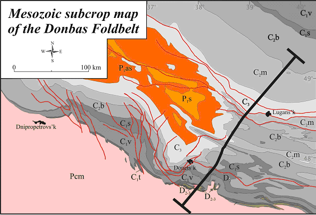 Mesozoic subcrop map of the Donbas Foldbelt area